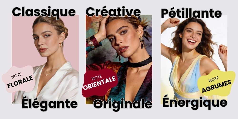 Trois profils de personnalités féminines : Classique & Élégante avec note Florale rose poudré, Créative & Originale avec note Orientale rouge mystérieuse, Pétillante & Énergique avec note Agrumes jaune. Chaque archétype avec couleur et famille olfactive associée.